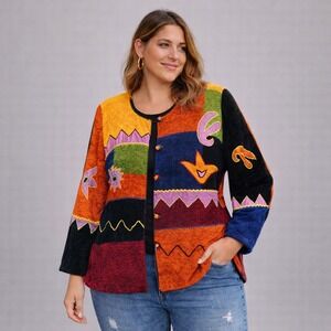 Maggie Barnes Womens Jacket Plus 1X Orange Multicolor Velvet Patchwork Abstract